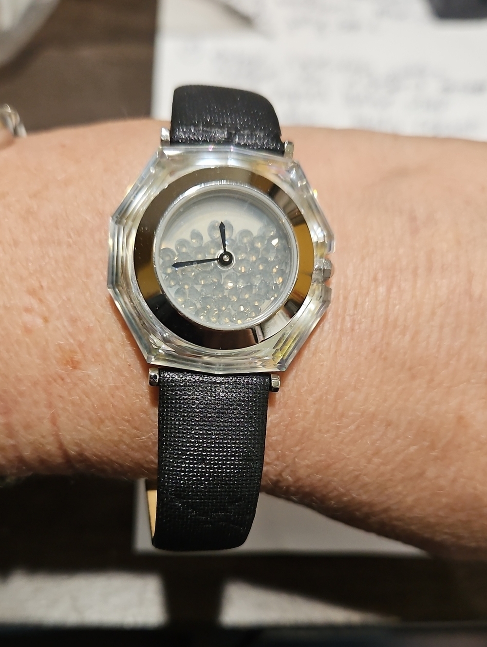 VINTAGE Swarovski " Lovely Crysals " Black Strap Crystal Bead Dial Women's Watch